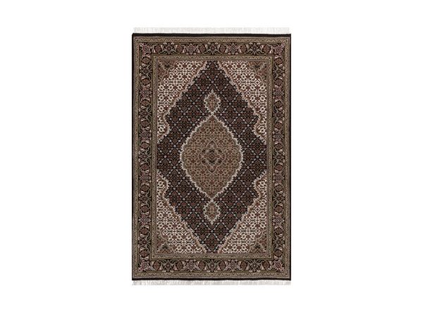 4'x6' Midnight Black, Tabriz Mahi with Fish Medallion Design, Hand Knotted, 100% Wool, 175 KPSI, Oriental Rug HR92687