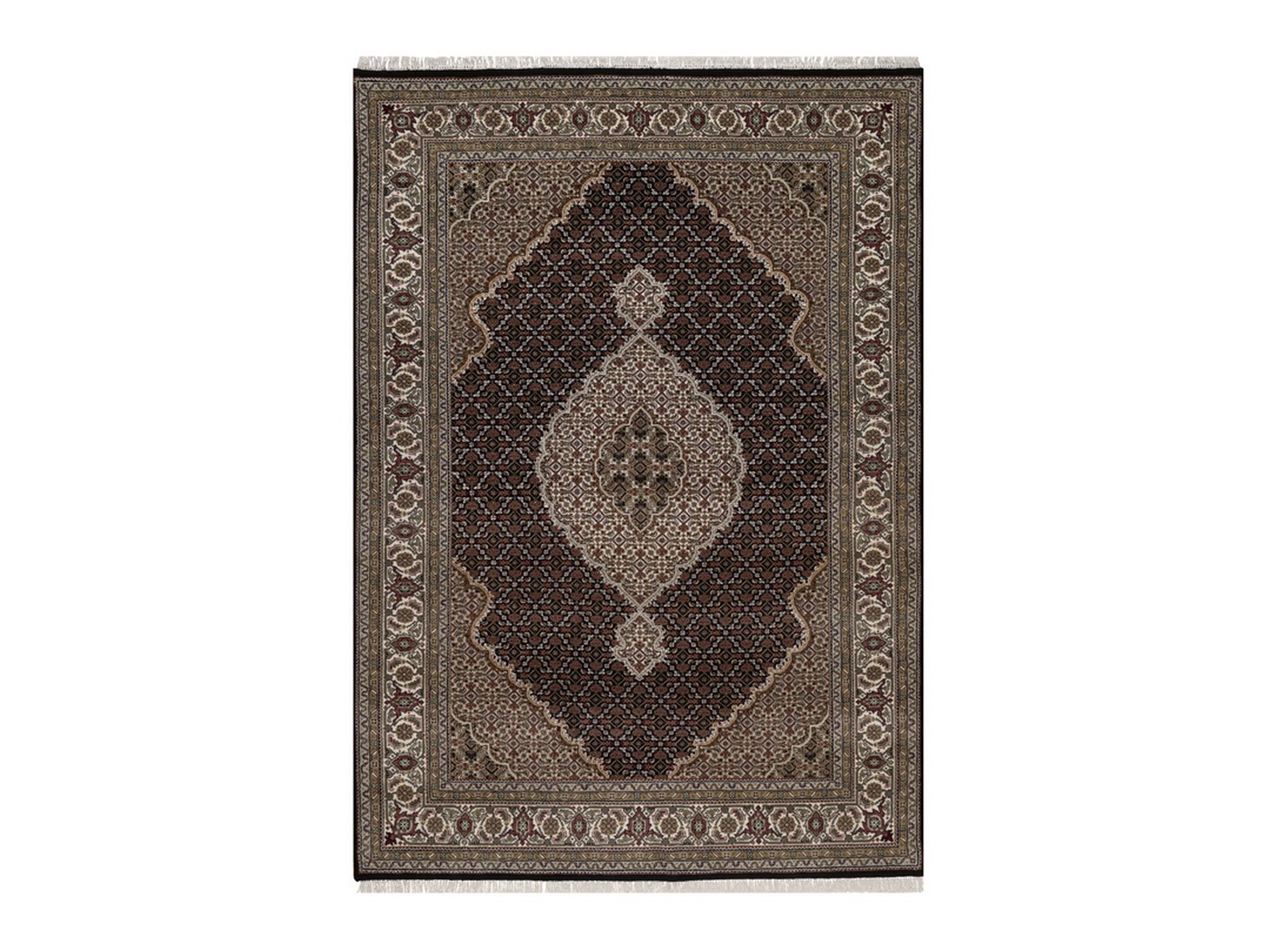 6'1"x8'10" Midnight Black, Tabriz Mahi with Fish Medallion Design, 175 KPSI, Hand Knotted, 100% Wool, Oriental Rug HR92692