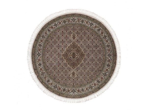 5'x5' Pearl White, Tabriz Mahi with Fish Medallions Design, Hand Knotted, 100% Wool, 175 KPSI, Round, Oriental Rug HR92693