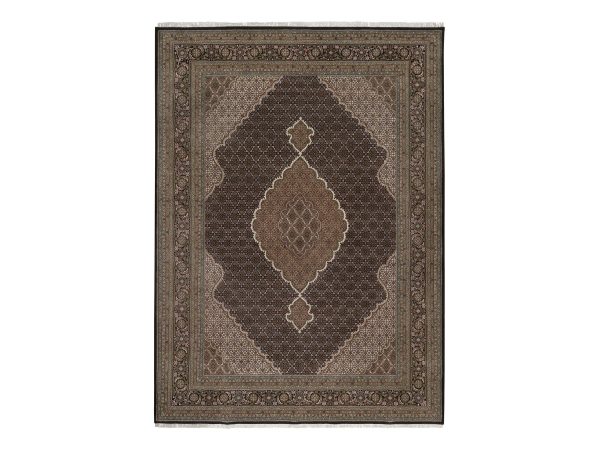 8'9"x12' Midnight Black, Tabriz Mahi with Fish Medallion Design, 100% Wool, Hand Knotted, 175 KPSI, Oriental Rug HR92696