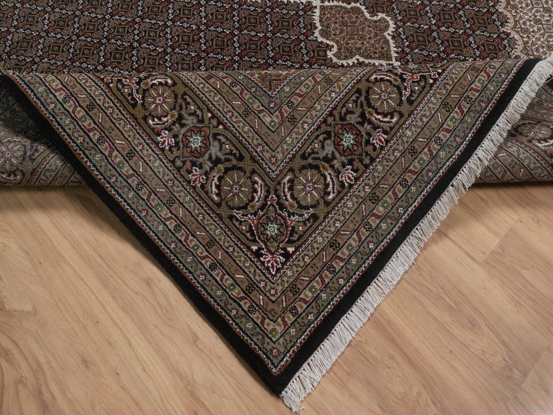 8'9"x12' Midnight Black, Tabriz Mahi with Fish Medallion Design, 100% Wool, Hand Knotted, 175 KPSI, Oriental Rug HR92696 - Image 6