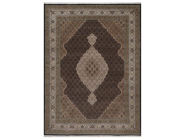 9'x12'2" Midnight Black, Hand Knotted, Tabriz Mahi with Fish Medallion Design, 175 KPSI, 100% Wool, Oriental Rug HR92699