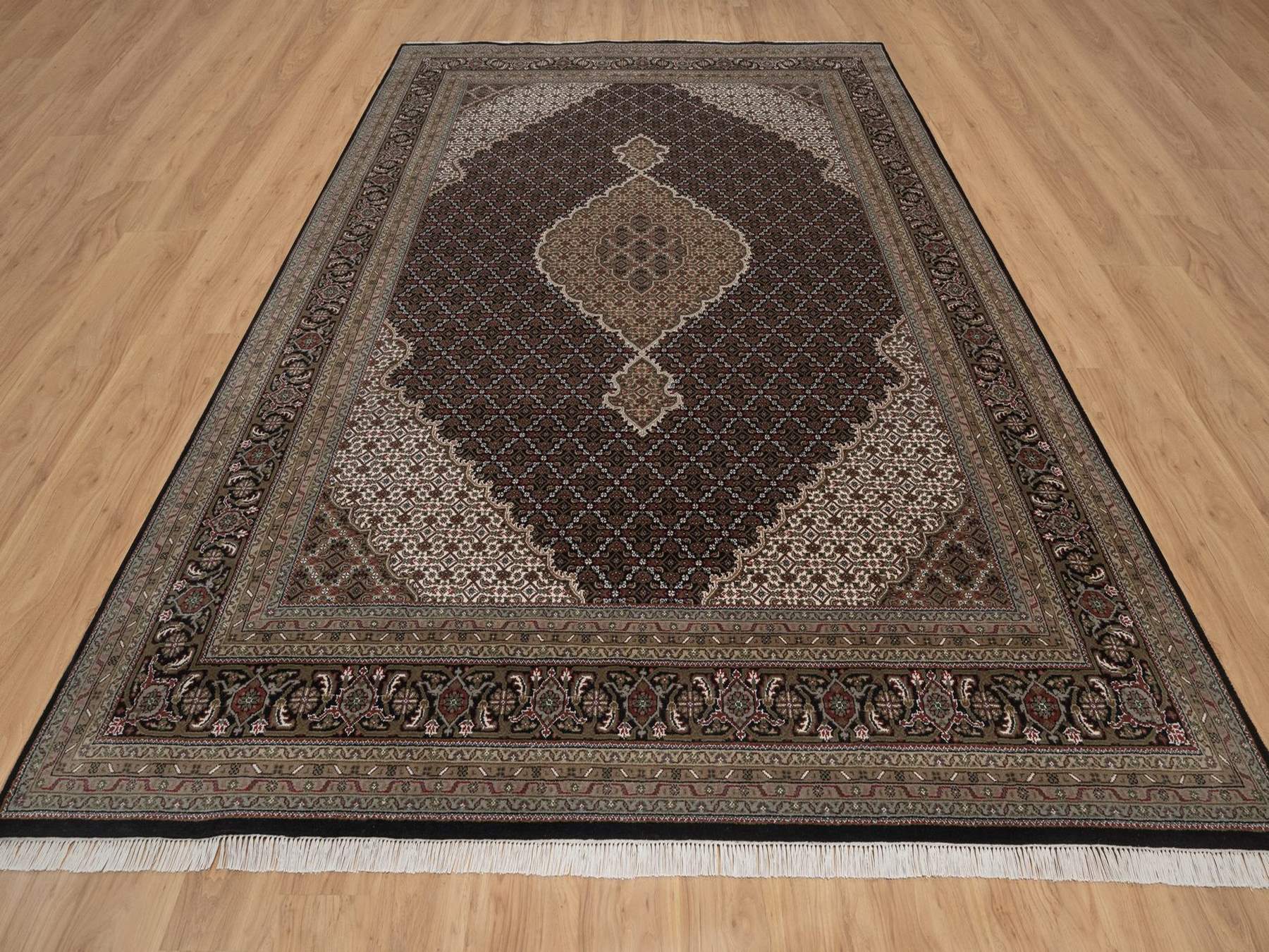 9'x12' Midnight Black, Hand Knotted, Tabriz Mahi with Fish Medallion Design, 100% Wool, 175 KPSI, Oriental Rug HR92700 - Image 2