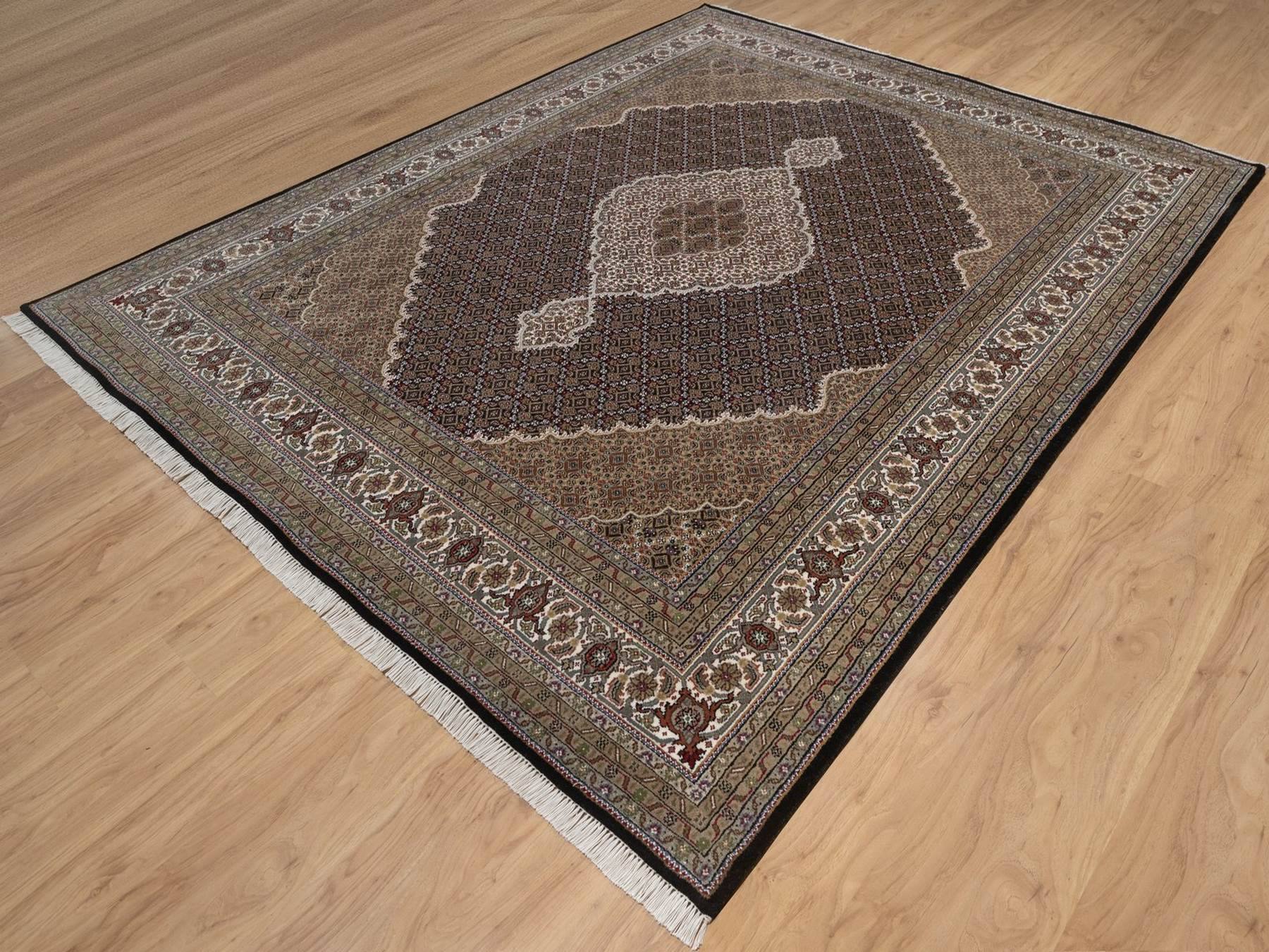 7'10"x10' Midnight Black, Tabriz Mahi with Fish Medallion Design, 175 KPSI, Hand Knotted, 100% Wool, Oriental Rug HR92701 - Image 3
