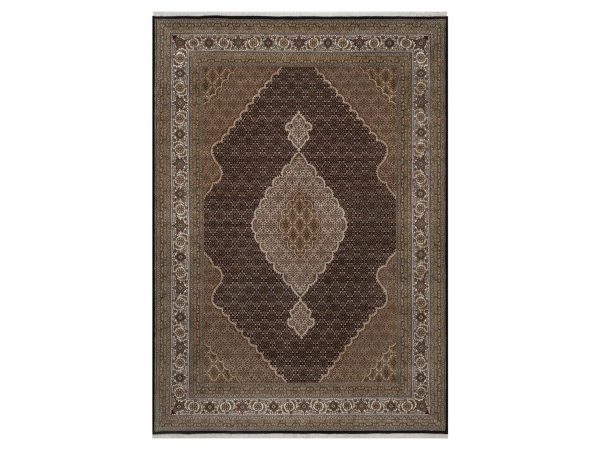 8'9"x12'4" Midnight Black, Tabriz Mahi with Fish Medallion Design, 175 KPSI, Hand Knotted, 100% Wool, Oriental Rug HR92702