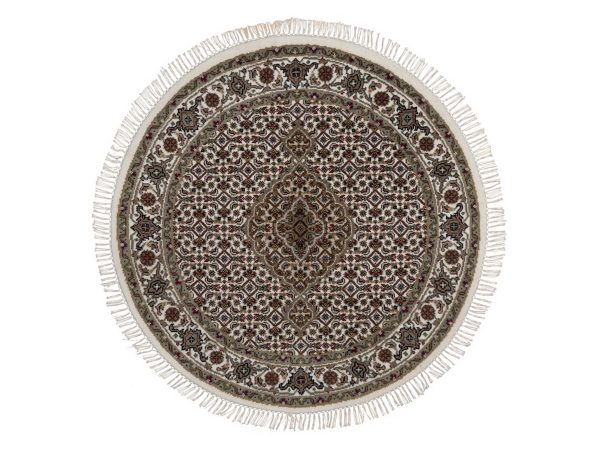 3'4"x3'4" Pearl White, Tabriz Mahi with Fish Medallion Design, 100% Wool, Hand Knotted, 175 KPSI, Round, Oriental Rug HR92706