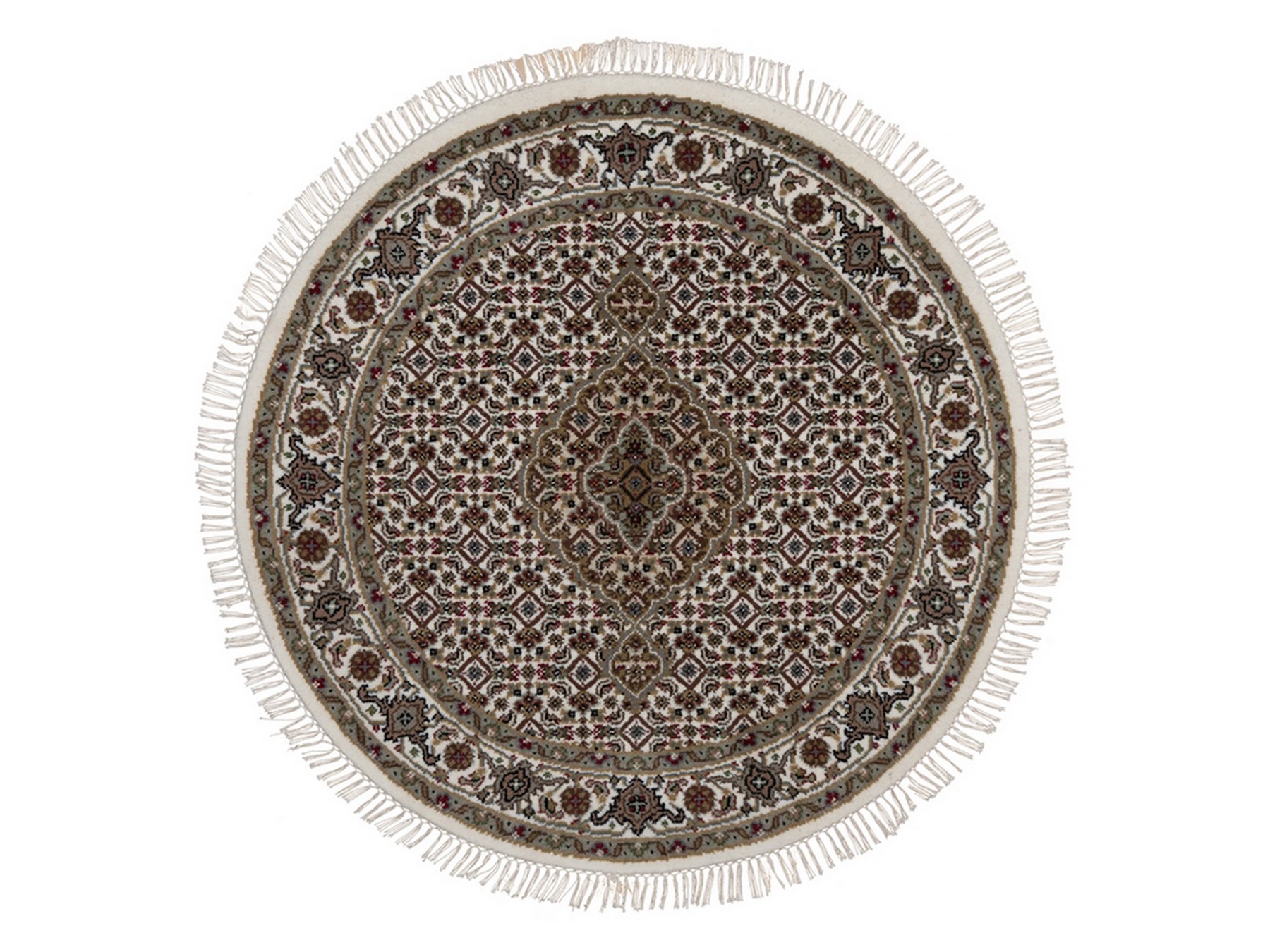3'4"x3'4" Pearl White, Tabriz Mahi with Fish Medallion Design, 100% Wool, Hand Knotted, 175 KPSI, Round, Oriental Rug HR92706