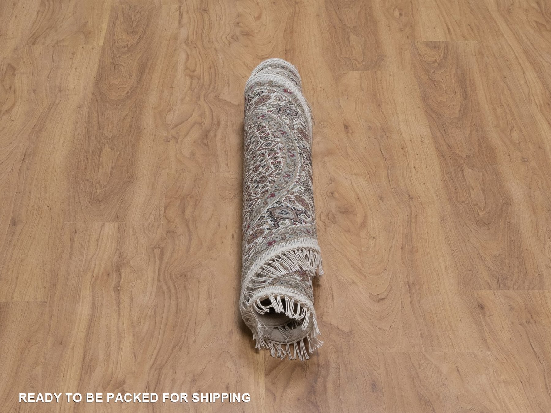 3'4"x3'4" Pearl White, Tabriz Mahi with Fish Medallion Design, 100% Wool, Hand Knotted, 175 KPSI, Round, Oriental Rug HR92706 - Image 6