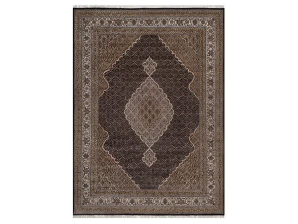 8'10"x12'1" Midnight Black, Hand Knotted, Tabriz Mahi with Fish Medallion Design, 175 KPSI, 100% Wool, Oriental Rug HR92711