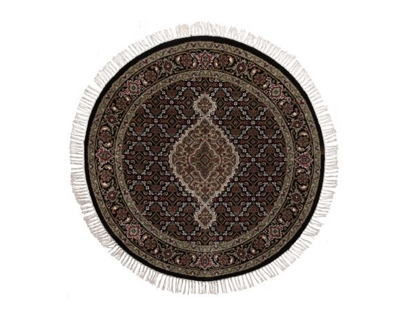 3'3"x3'3" Midnight Black, 175 KPSI, Tabriz Mahi with Fish Medallion Design, Hand Knotted, 100% Wool, Round, Oriental Rug HR92712