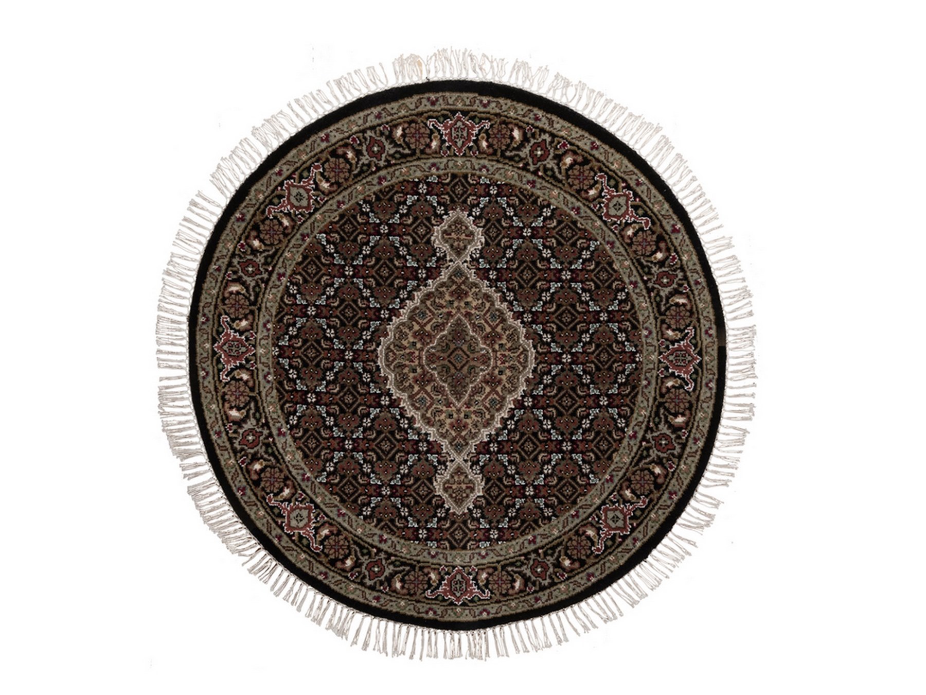 3'3"x3'3" Midnight Black, 175 KPSI, Tabriz Mahi with Fish Medallion Design, Hand Knotted, 100% Wool, Round, Oriental Rug HR92712