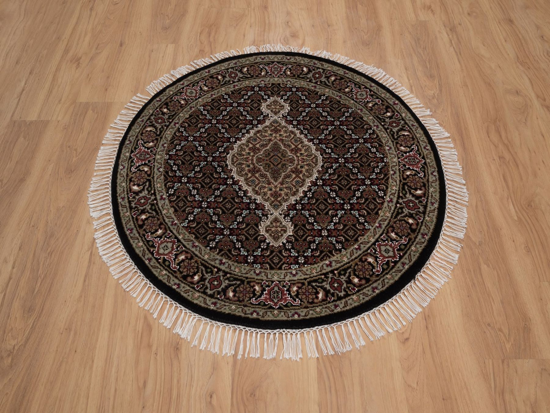 3'3"x3'3" Midnight Black, 175 KPSI, Tabriz Mahi with Fish Medallion Design, Hand Knotted, 100% Wool, Round, Oriental Rug HR92712 - Image 2