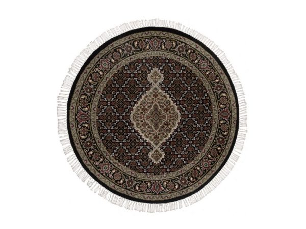 3'4"x3'4" Midnight Black, Hand Knotted, Tabriz Mahi with Fish Medallion Design, 100% Wool, 175 KPSI, Round, Oriental Rug HR92713