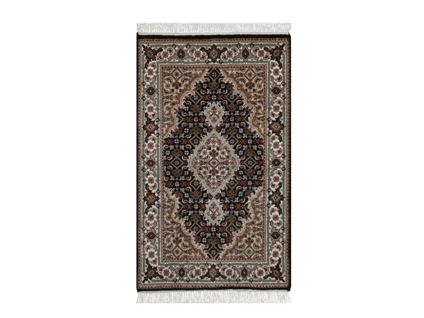2'x3' Midnight Black, Tabriz Mahi with Fish Medallion Design, Hand Knotted, 100% Wool, 175 KPSI, Sample, Mat, Oriental Rug HR92717