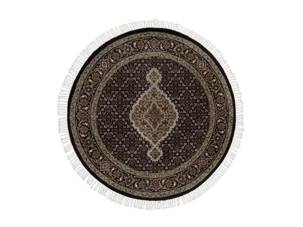 3'5"x3'5" Midnight Black, Hand Knotted, Tabriz Mahi with Fish Medallion Design, 100% Wool, 175 KPSI, Round, Oriental Rug HR92718