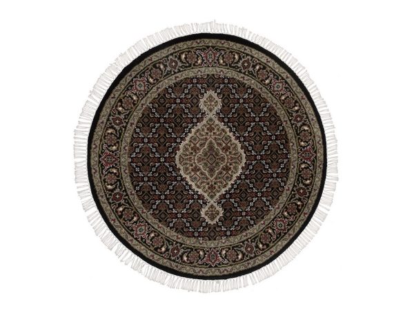 3'4"x3'4" Midnight Black, Tabriz Mahi with Fish Medallion Design, Hand Knotted, 100% Wool, 175 KPSI, Round, Oriental Rug HR92719