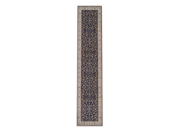 2'9"x14' Midnight Blue, Nain with All Over Floral Pattern, Hand Knotted, Wool and Silk, Soft Pile, 250 KPSI, Runner, Oriental Rug HR92740