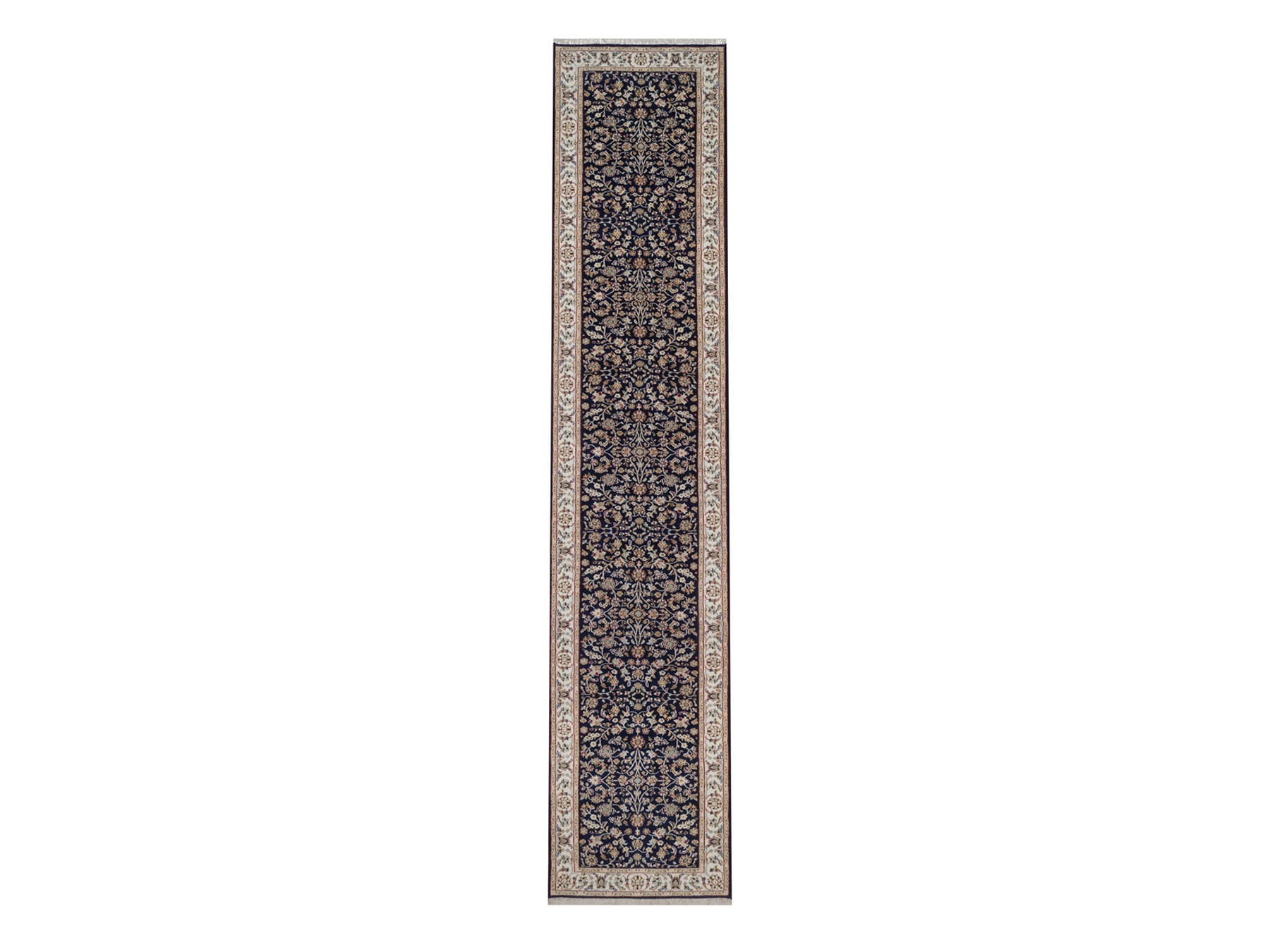 2'9"x14' Midnight Blue, Nain with All Over Floral Pattern, Hand Knotted, Wool and Silk, Soft Pile, 250 KPSI, Runner, Oriental Rug HR92740
