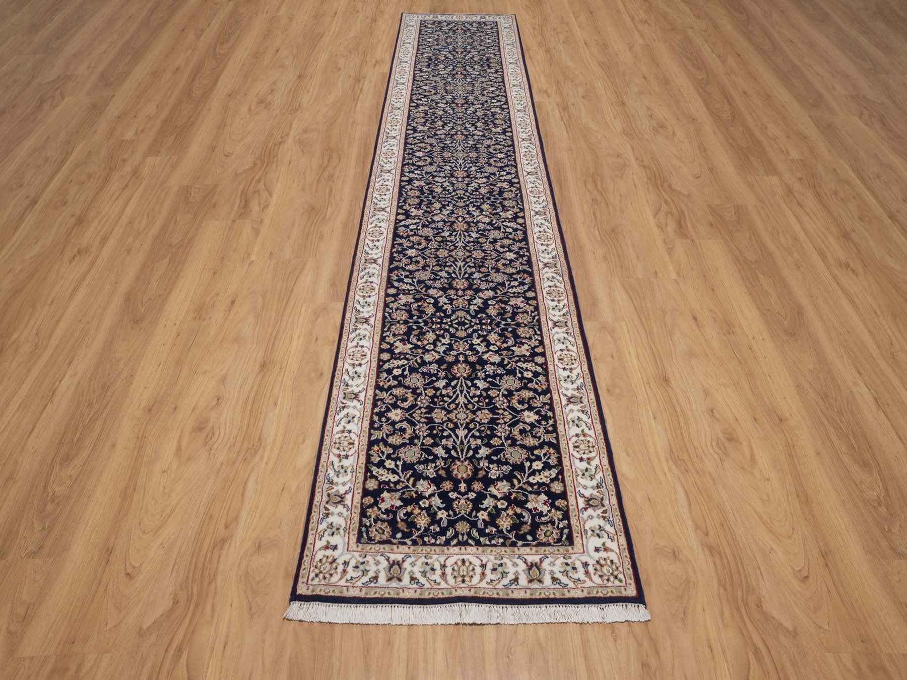 2'9"x14' Midnight Blue, Nain with All Over Floral Pattern, Hand Knotted, Wool and Silk, Soft Pile, 250 KPSI, Runner, Oriental Rug HR92740 - Image 2
