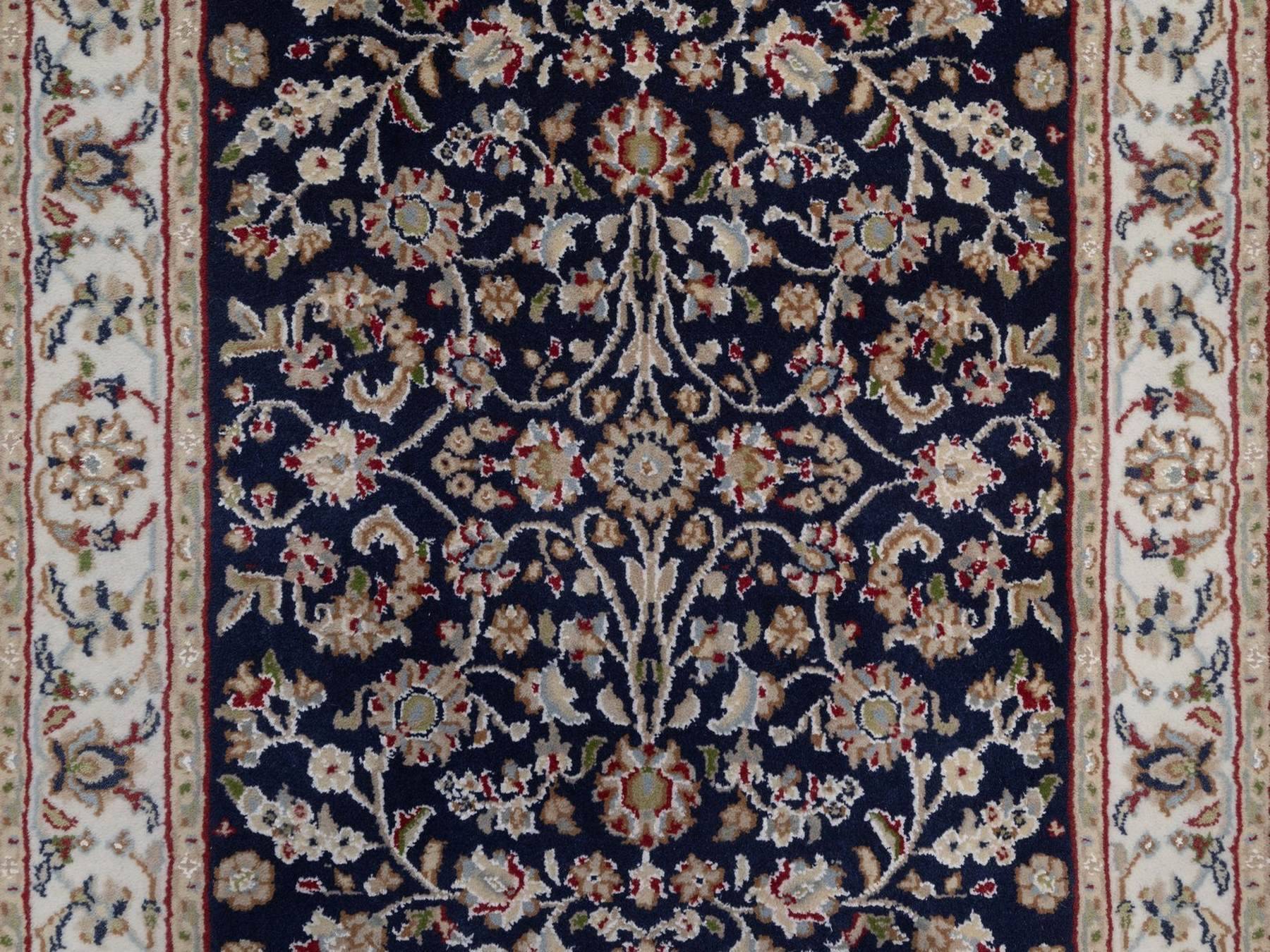 2'9"x14' Midnight Blue, Nain with All Over Floral Pattern, Hand Knotted, Wool and Silk, Soft Pile, 250 KPSI, Runner, Oriental Rug HR92740 - Image 5