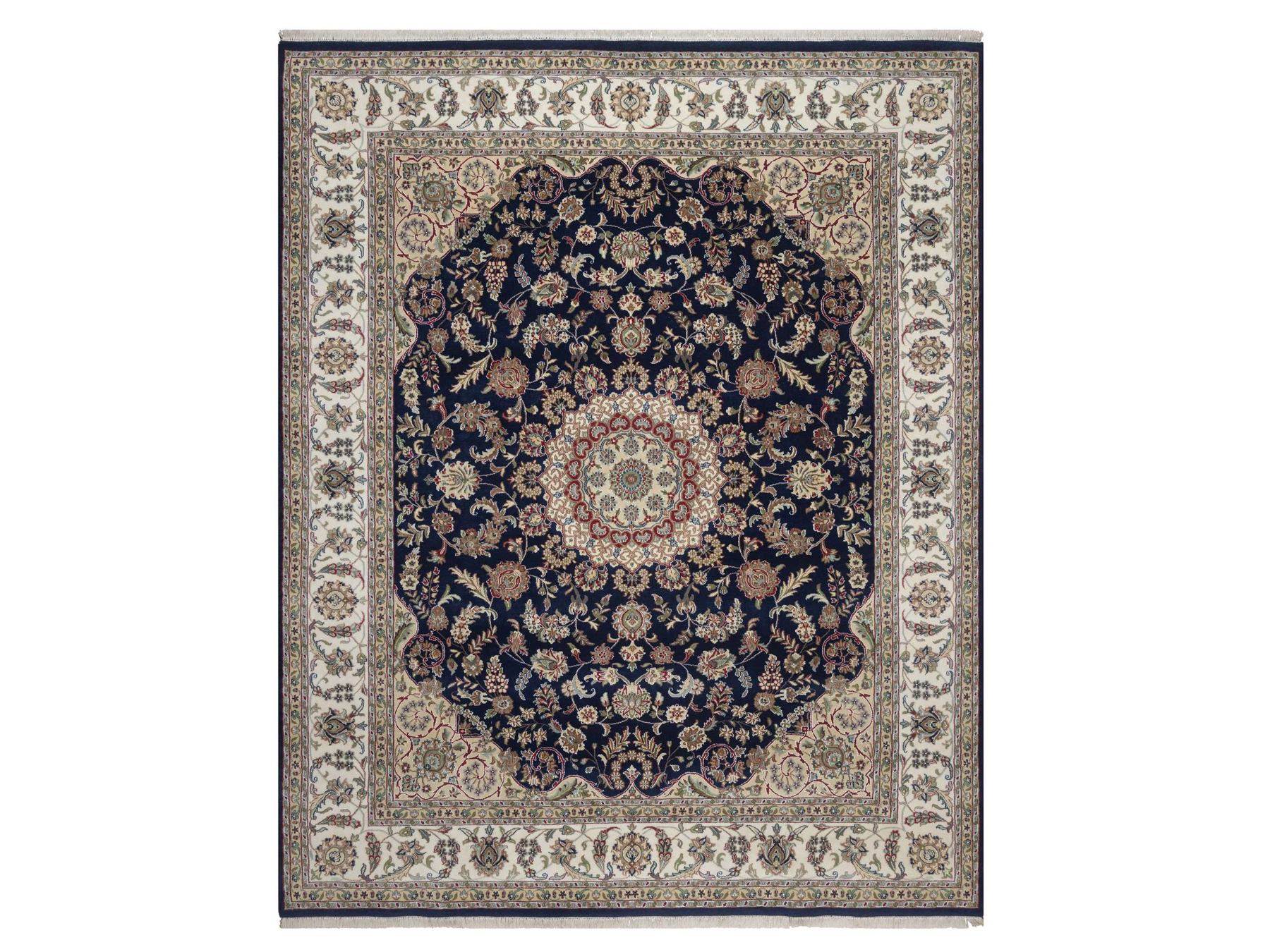 8'x10' Midnight Blue, Nain with Flower Medallion Design, Hand Knotted, Soft Pile, 250 KPSI, Wool and Silk, Oriental Rug HR92741