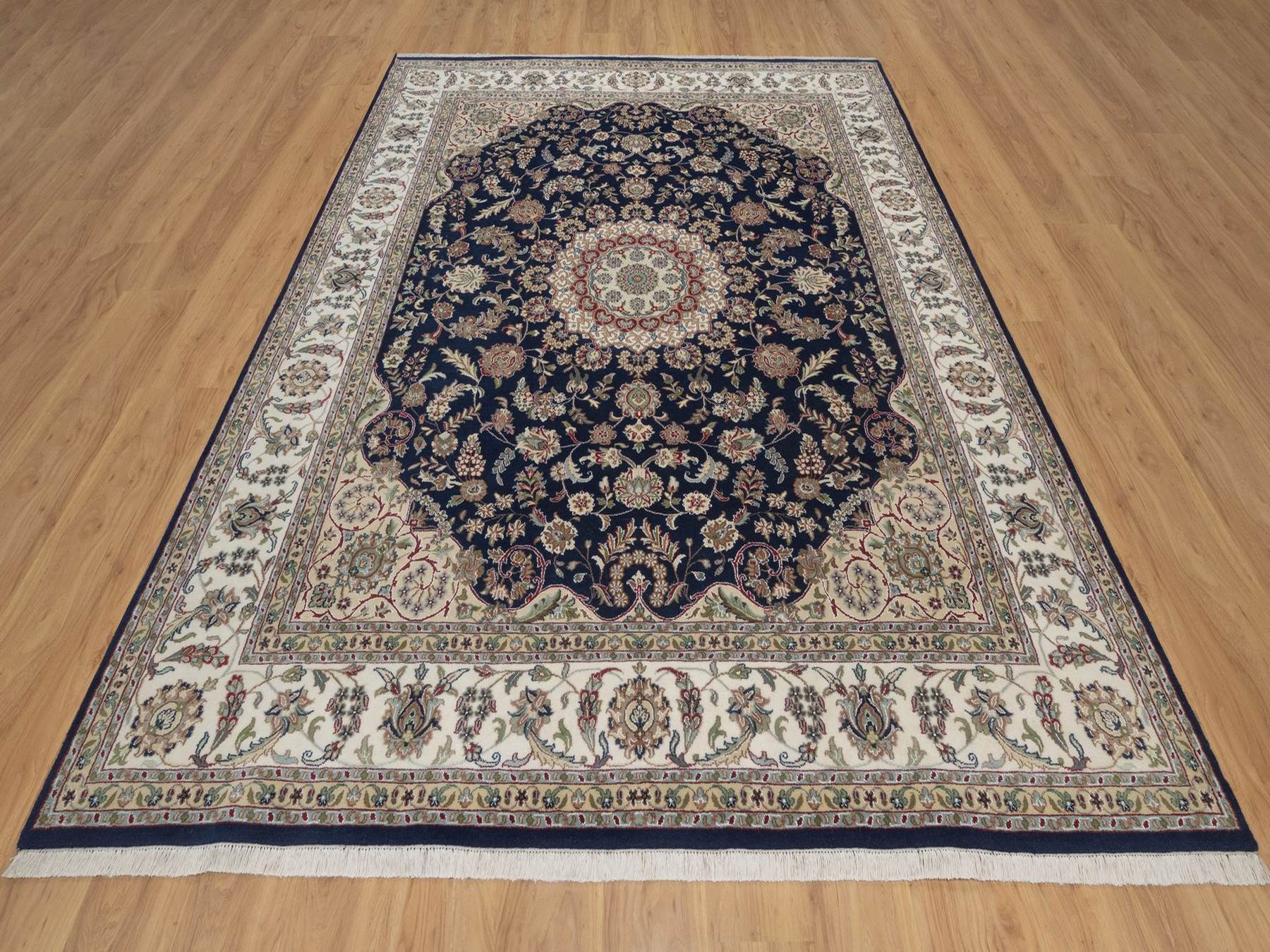 8'x10' Midnight Blue, Nain with Flower Medallion Design, Hand Knotted, Soft Pile, 250 KPSI, Wool and Silk, Oriental Rug HR92741 - Image 2