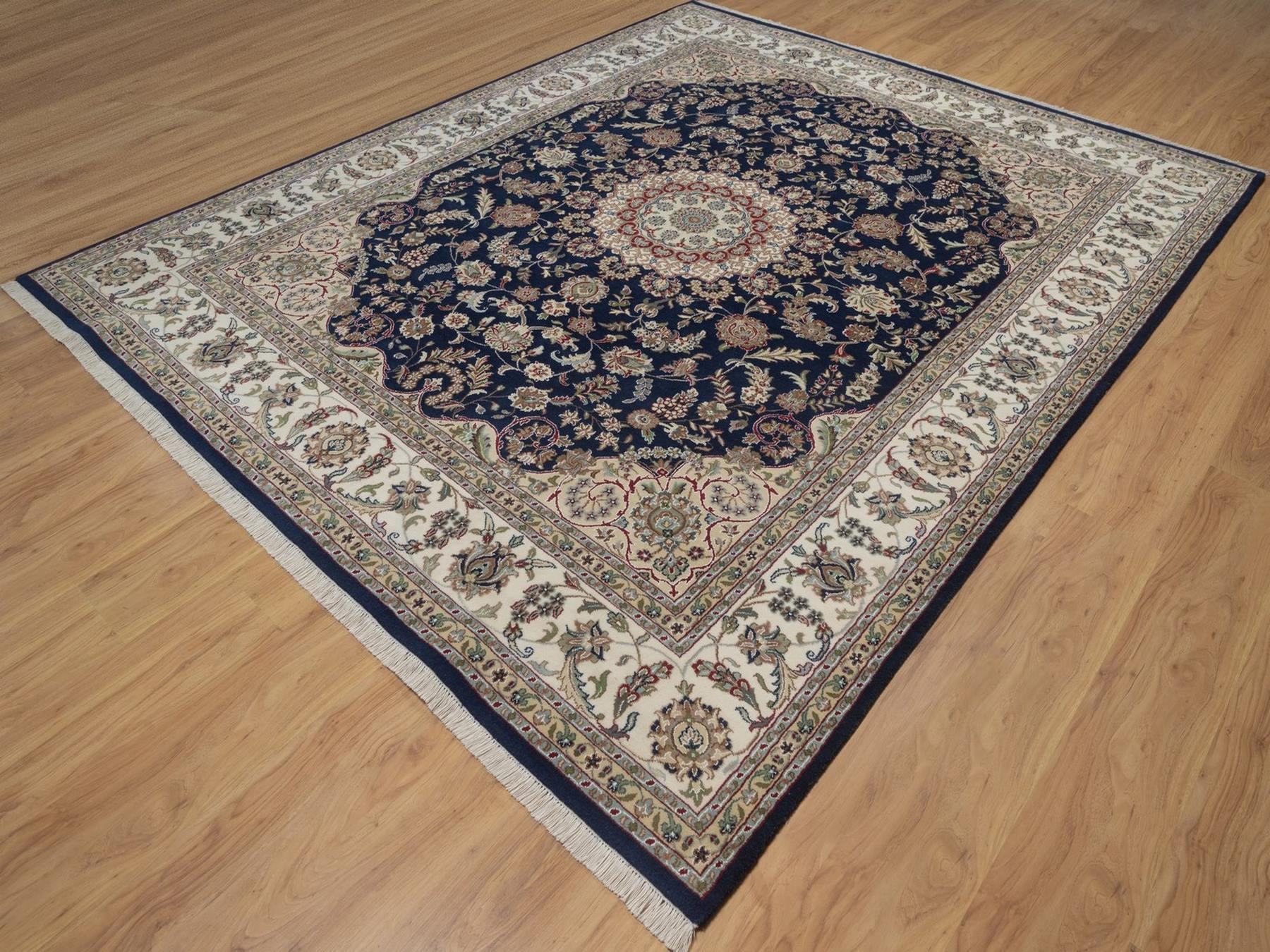 8'x10' Midnight Blue, Nain with Flower Medallion Design, Hand Knotted, Soft Pile, 250 KPSI, Wool and Silk, Oriental Rug HR92741 - Image 3