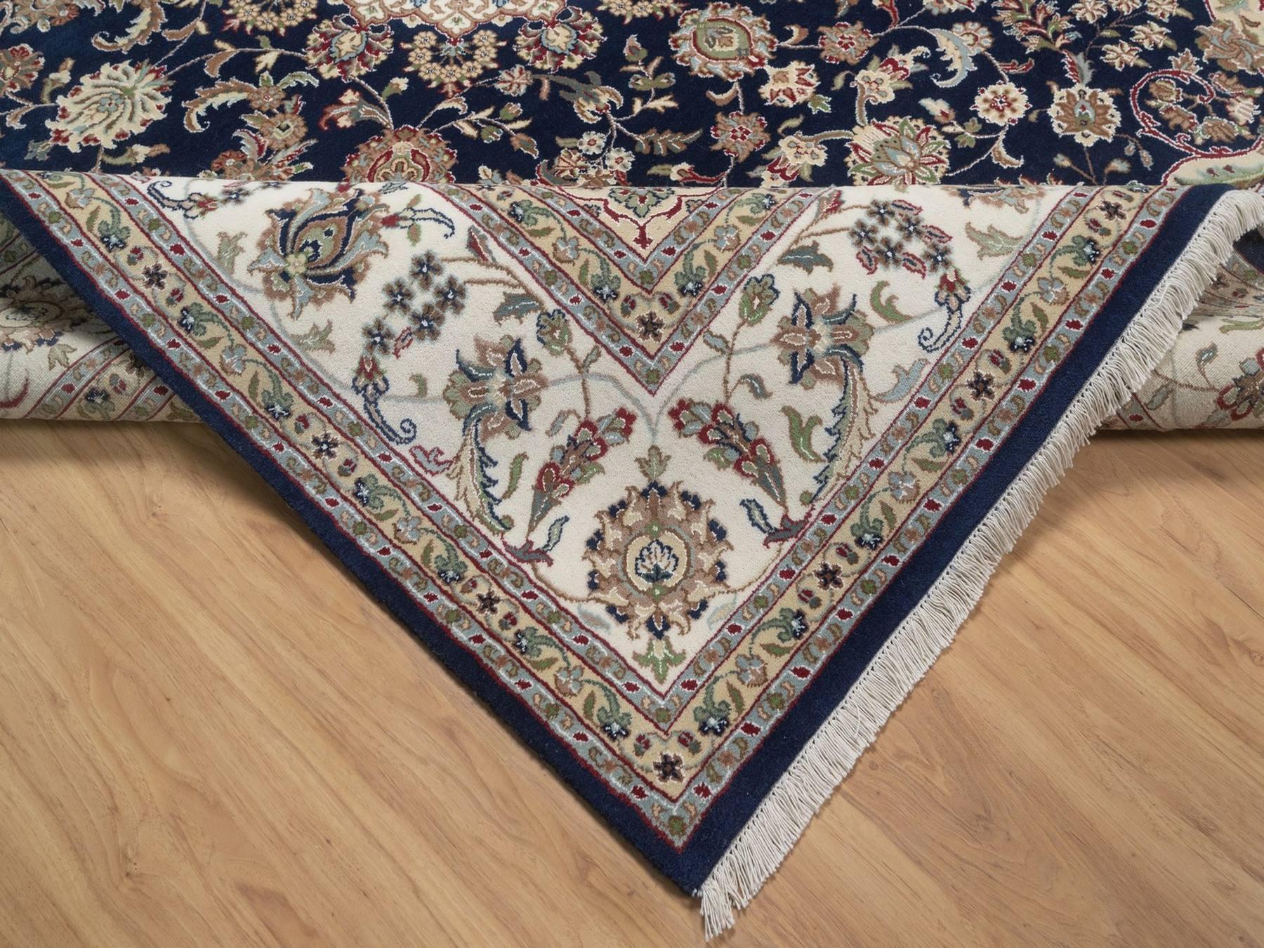 8'x10' Midnight Blue, Nain with Flower Medallion Design, Hand Knotted, Soft Pile, 250 KPSI, Wool and Silk, Oriental Rug HR92741 - Image 6