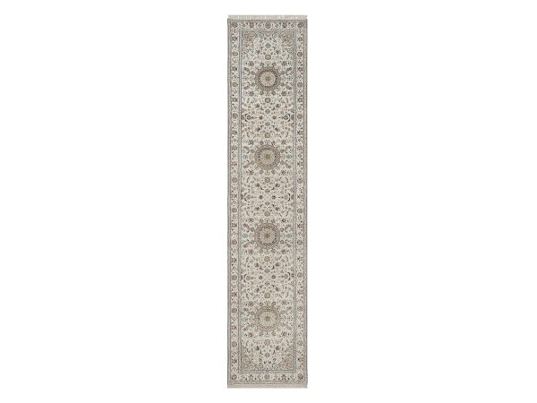 2'7"x12'2" Pearl White, Nain with Flower Medallions Design, Hand Knotted, Wool and Silk, 250 KPSI, Soft Pile, Runner, Oriental Rug HR92742