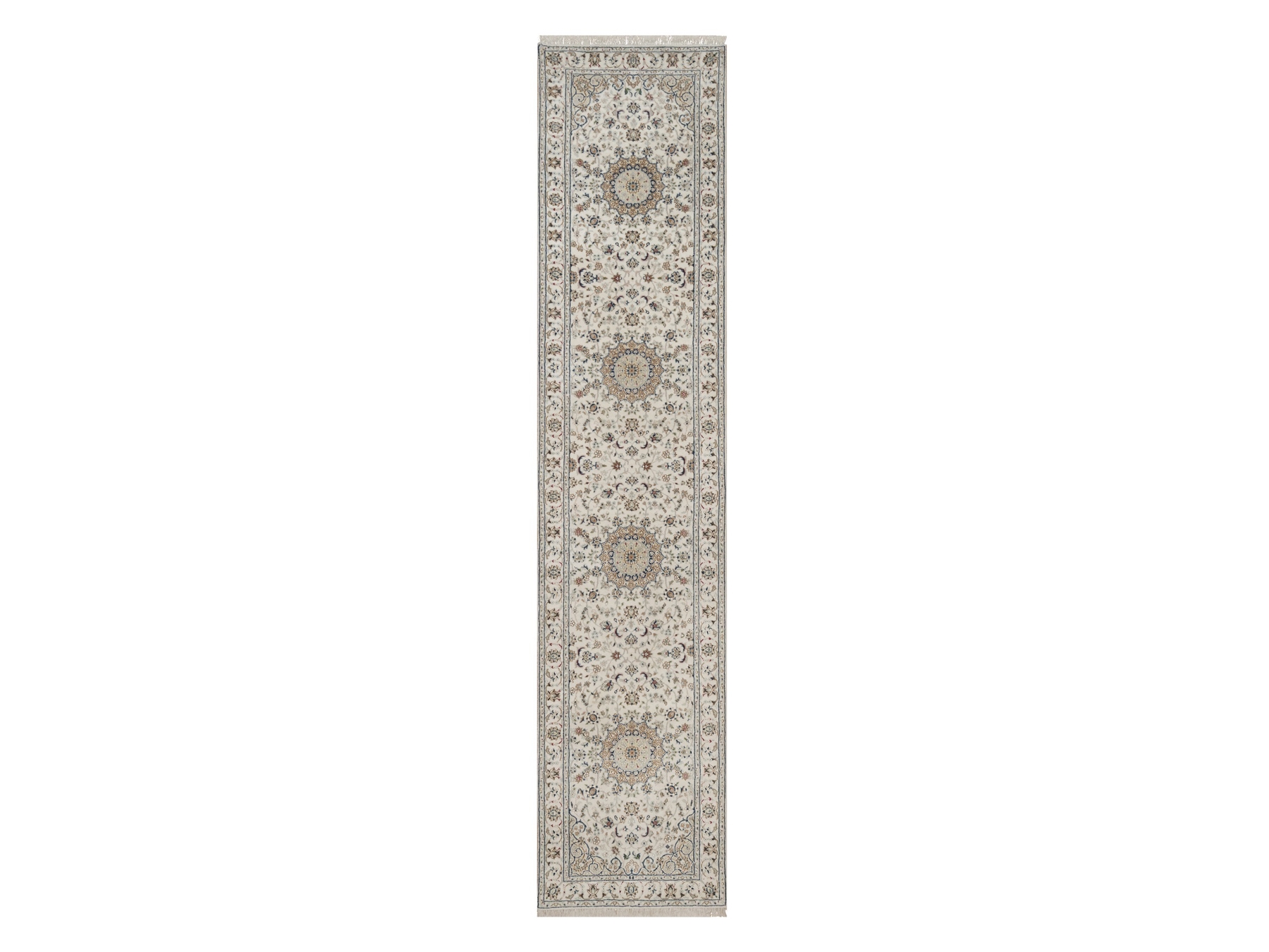 2'7"x12'2" Pearl White, Nain with Flower Medallions Design, Hand Knotted, Wool and Silk, 250 KPSI, Soft Pile, Runner, Oriental Rug HR92742