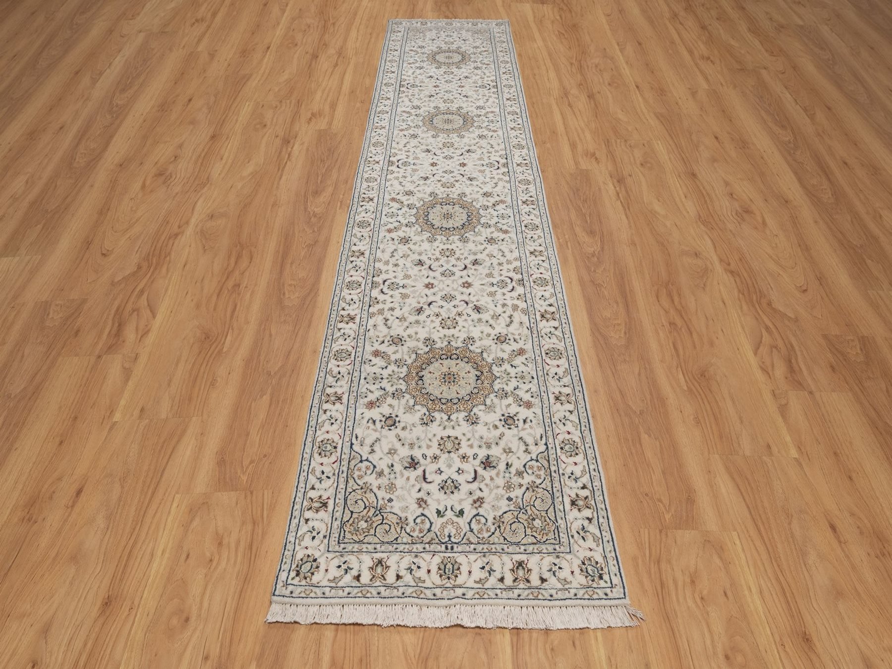 2'7"x12'2" Pearl White, Nain with Flower Medallions Design, Hand Knotted, Wool and Silk, 250 KPSI, Soft Pile, Runner, Oriental Rug HR92742 - Image 2