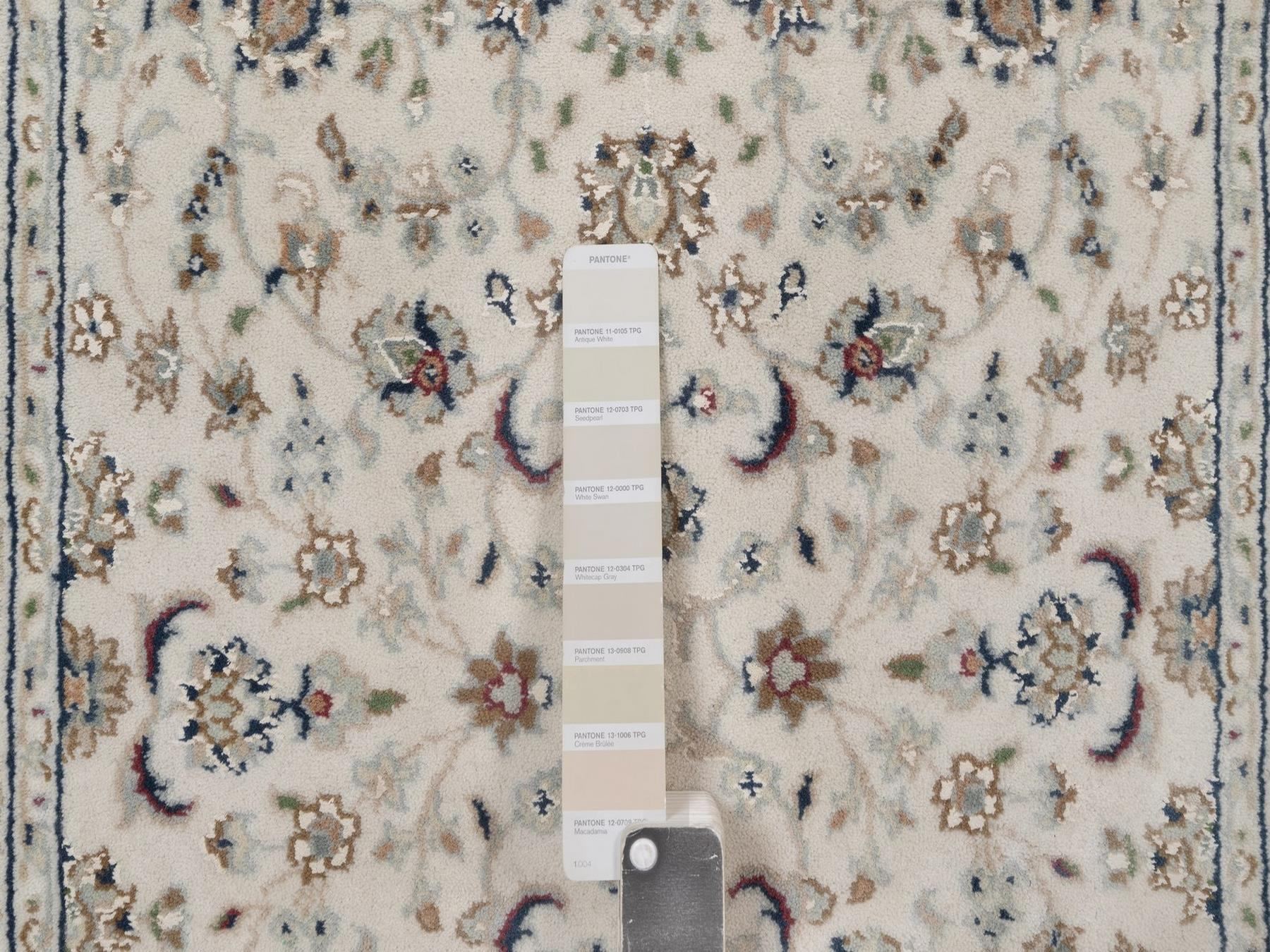 2'7"x12'2" Pearl White, Nain with Flower Medallions Design, Hand Knotted, Wool and Silk, 250 KPSI, Soft Pile, Runner, Oriental Rug HR92742 - Image 4