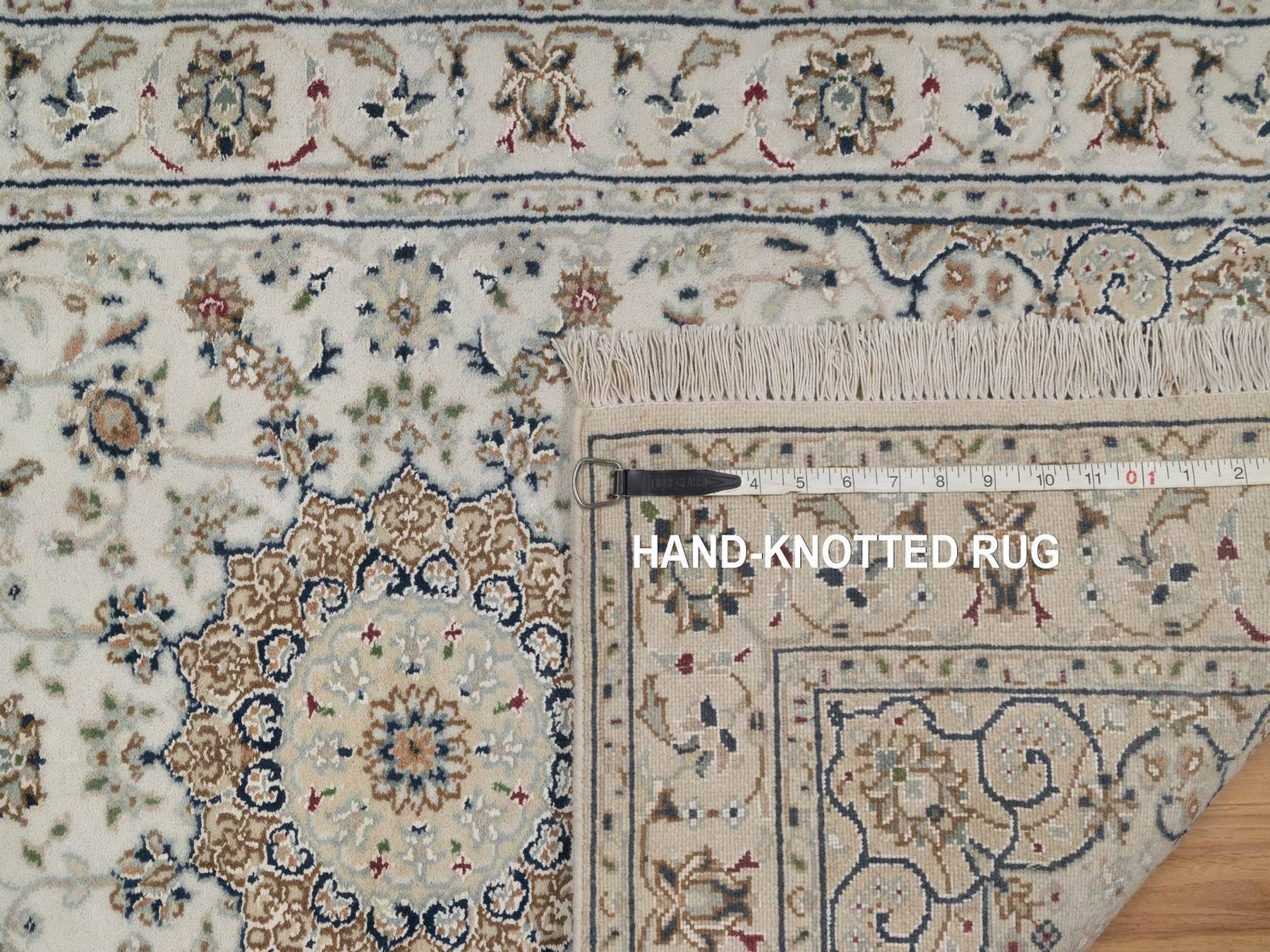 2'7"x12'2" Pearl White, Nain with Flower Medallions Design, Hand Knotted, Wool and Silk, 250 KPSI, Soft Pile, Runner, Oriental Rug HR92742 - Image 8