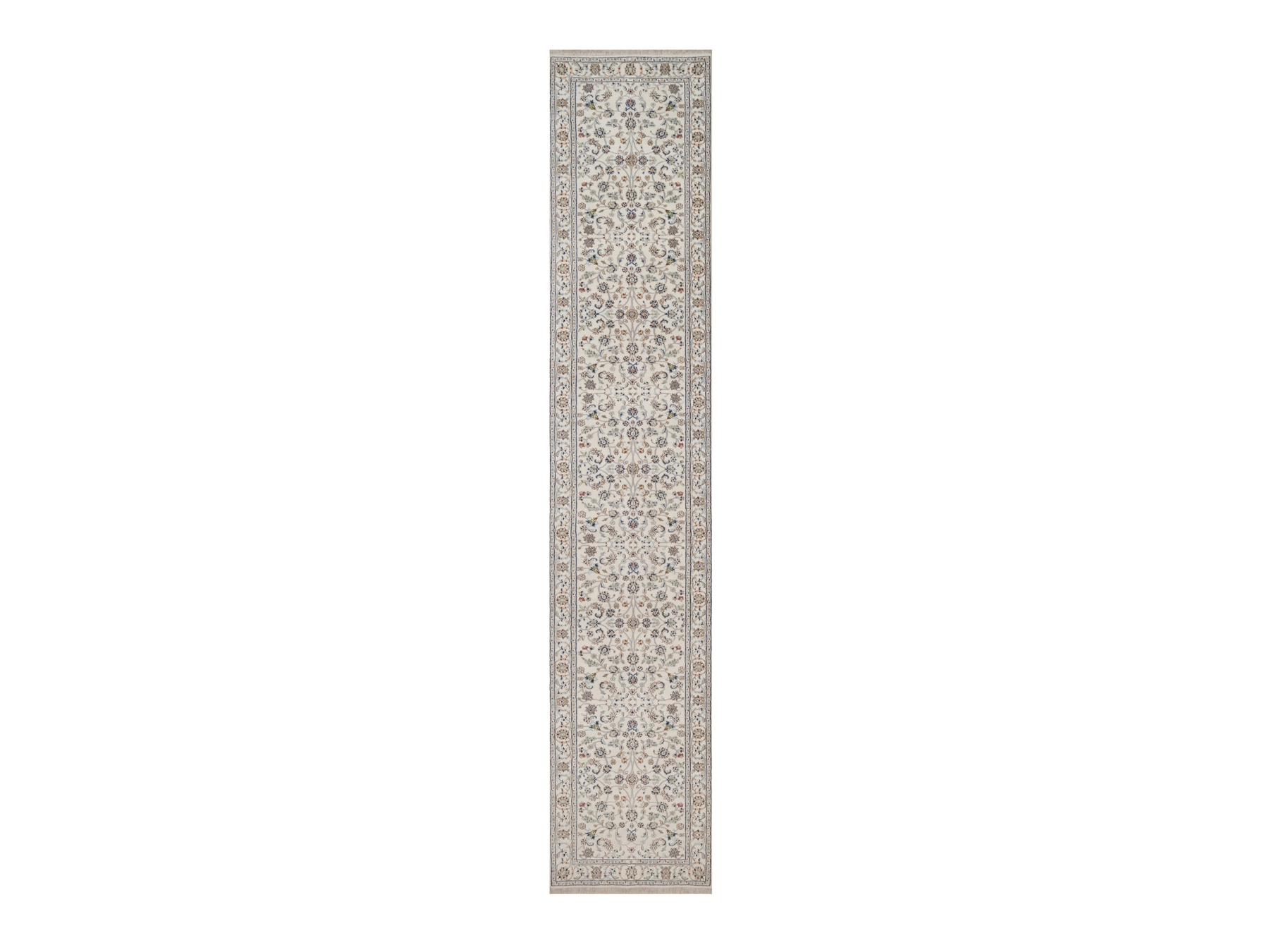 2'9"x14'5" Pearl White, Nain with All Over Flower Design, Wool and Silk, 250 KPSI, Hand Knotted, Soft Pile, XL Runner, Oriental Rug HR92743