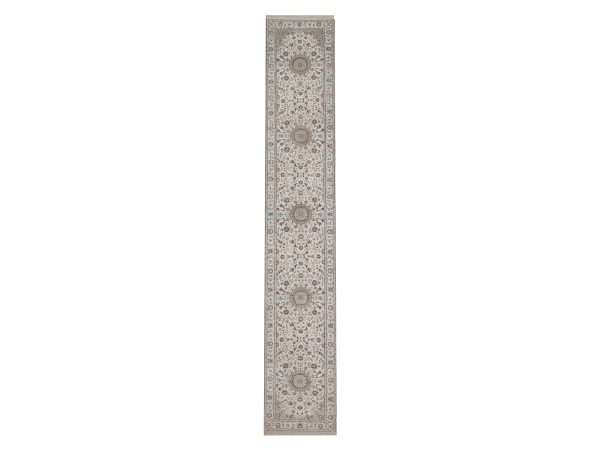 2'7"x16' Pearl White, Nain with Flower Medallions Design, Wool and Silk, Hand Knotted, 250 KPSI, Soft Pile, XL Runner, Oriental Rug HR92744
