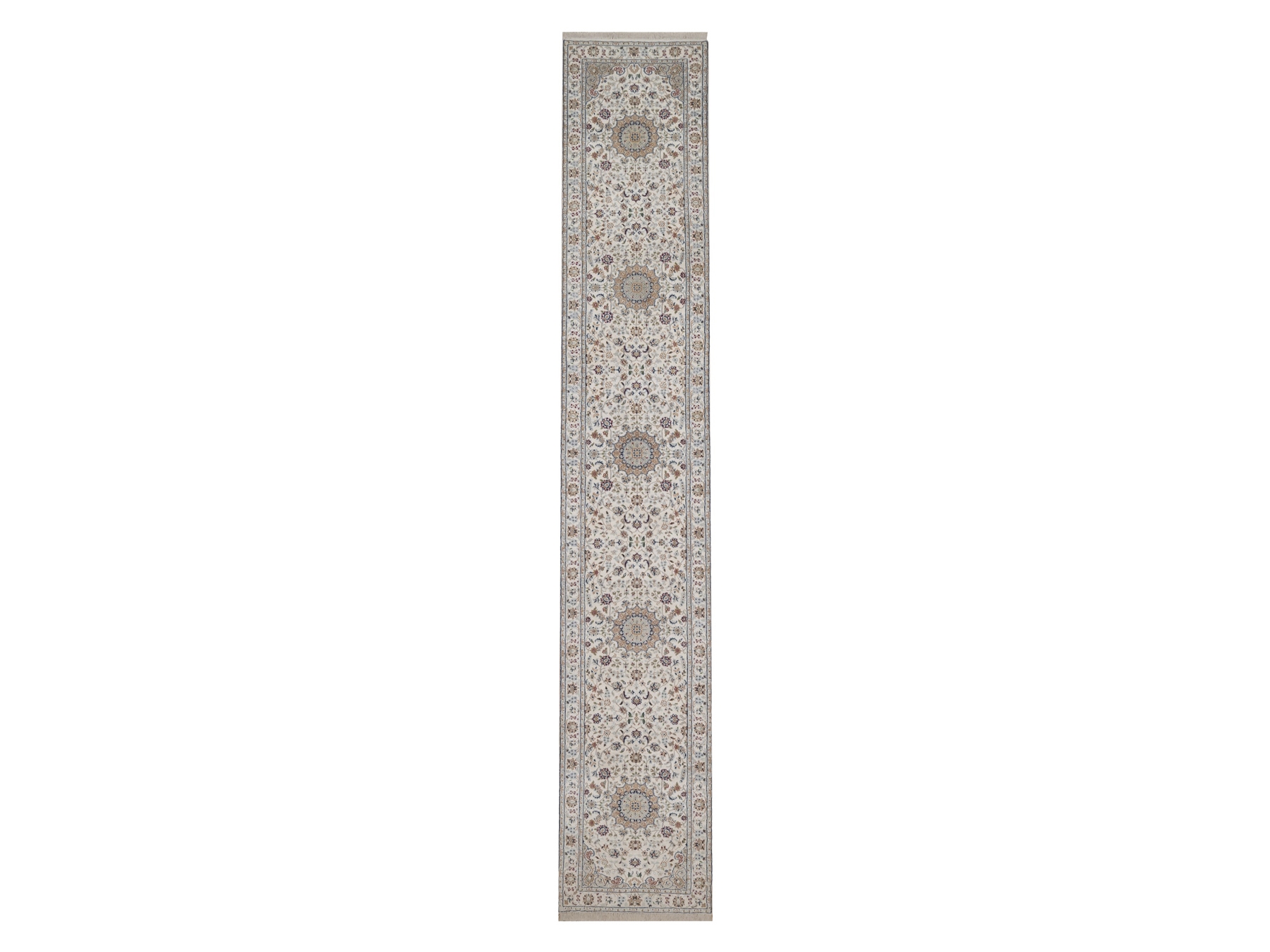 2'7"x16' Pearl White, Nain with Flower Medallions Design, Wool and Silk, Hand Knotted, 250 KPSI, Soft Pile, XL Runner, Oriental Rug HR92744