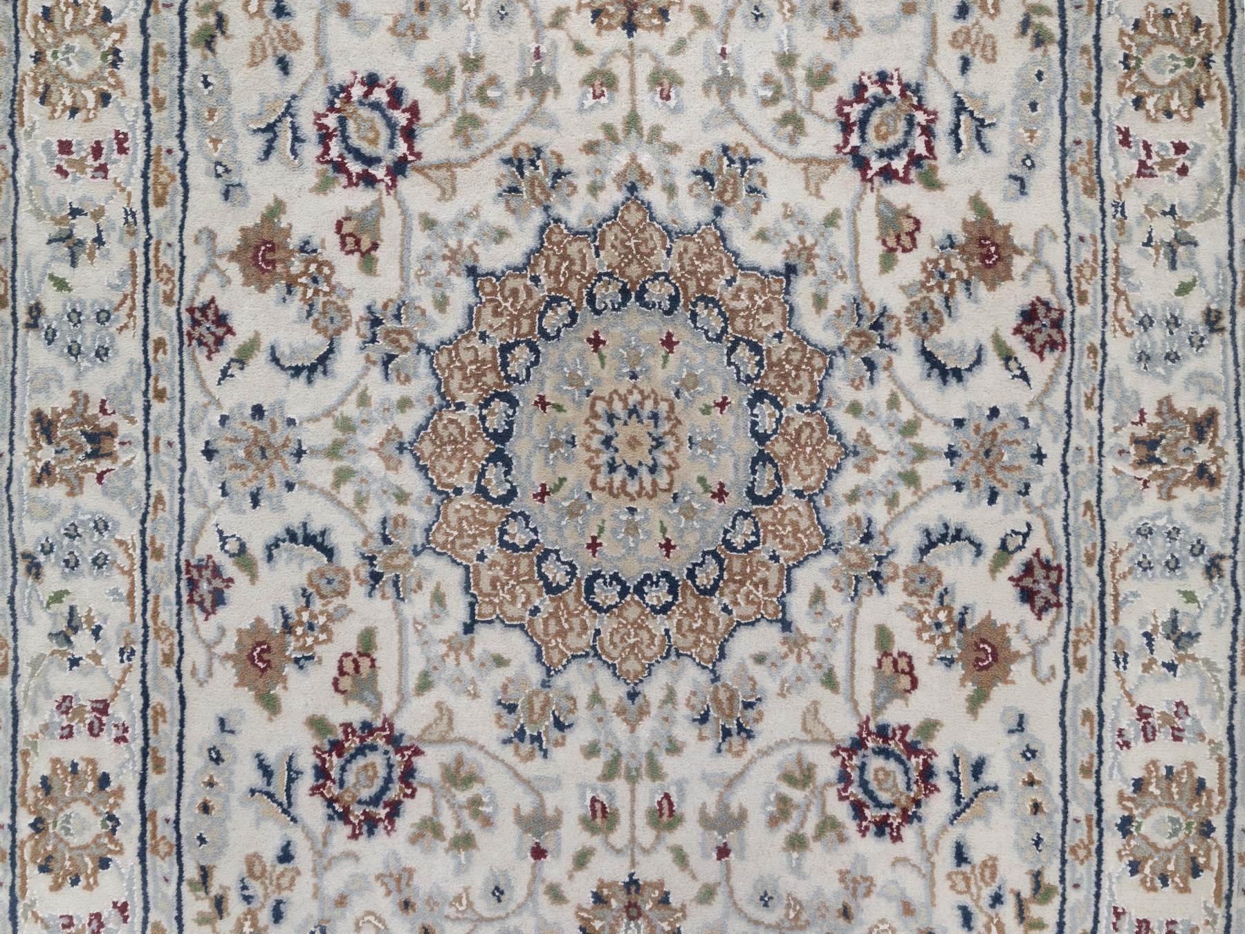 2'7"x16' Pearl White, Nain with Flower Medallions Design, Wool and Silk, Hand Knotted, 250 KPSI, Soft Pile, XL Runner, Oriental Rug HR92744 - Image 5