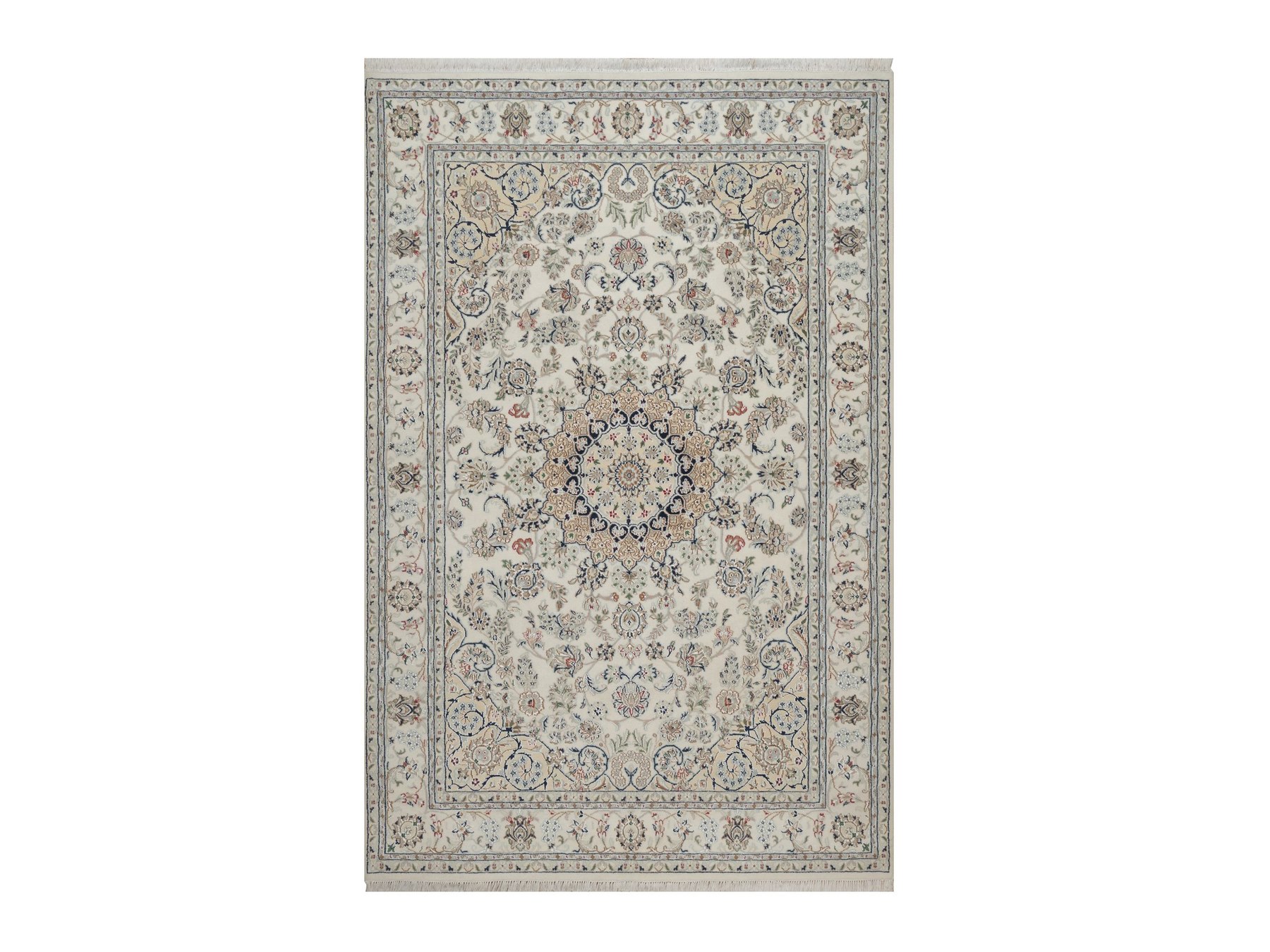 6'x9' Pearl White, Hand Knotted, Nain with Flower Medallion Design, Wool and Silk, 250 KPSI, Soft Pile, Oriental Rug HR92745