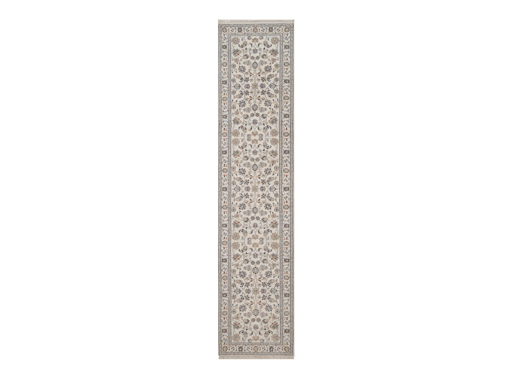 2'8"x12' Pearl White, Nain with All Over Flower Design, Hand Knotted, Wool and Silk, 250 KPSI, Soft Pile, Runner, Oriental Rug HR92746