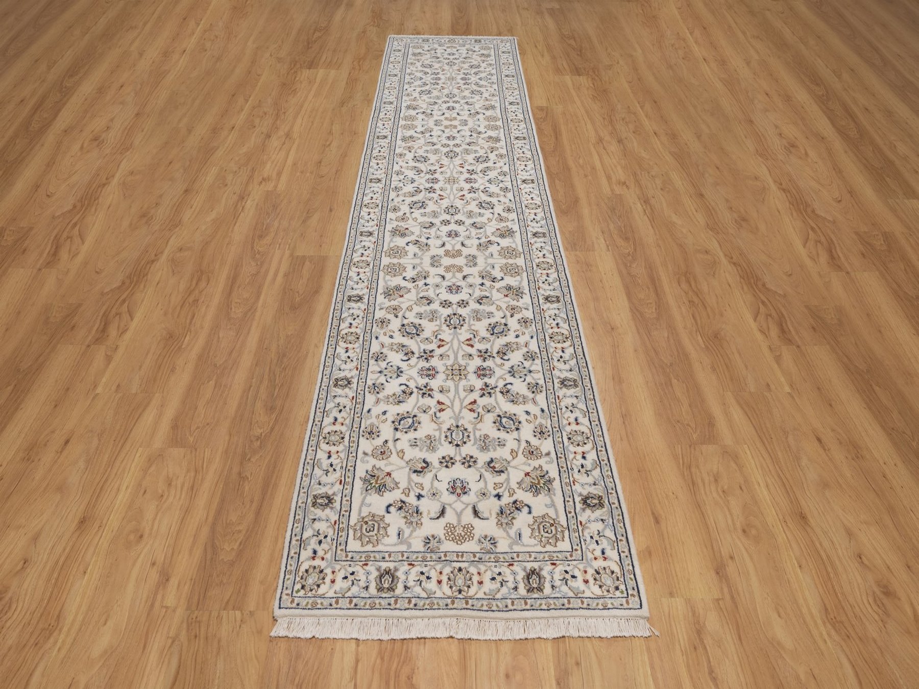 2'8"x12' Pearl White, Nain with All Over Flower Design, Hand Knotted, Wool and Silk, 250 KPSI, Soft Pile, Runner, Oriental Rug HR92746 - Image 2