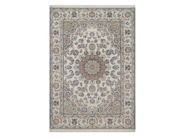 5'6"x8' Pearl White, Nain with Flower Medallion Design, Wool and Silk, Hand Knotted, 250 KPSI, Soft Pile, Oriental Rug HR92747