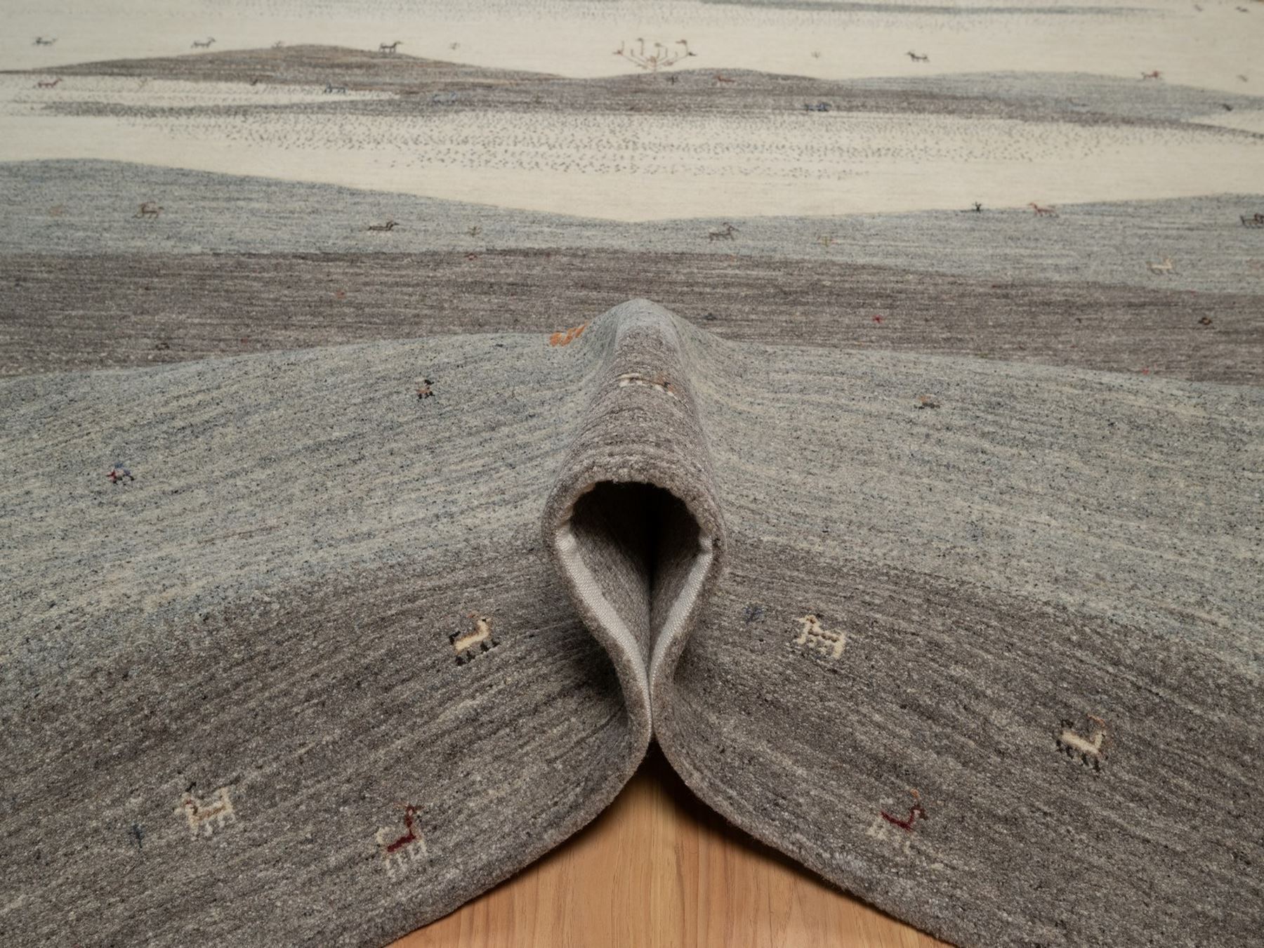 8'8"x11'10" Dove Gray, Modern, Lori Buft Gabbeh with Scenery Design, Small Animal Figurines, Hand Knotted, Soft Pile, Thick and Plush, Pure Wool, Oriental Rug HR92748 - Image 5