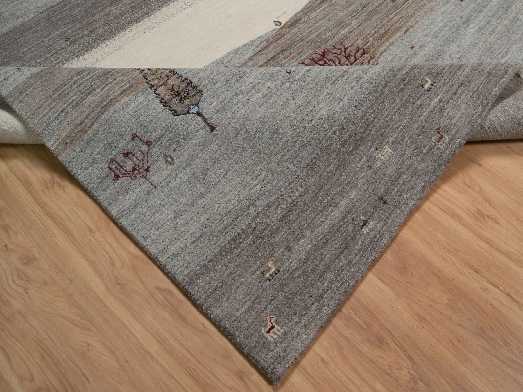8'8"x11'10" Dove Gray, Modern, Lori Buft Gabbeh with Scenery Design, Small Animal Figurines, Hand Knotted, Soft Pile, Thick and Plush, Pure Wool, Oriental Rug HR92748 - Image 6