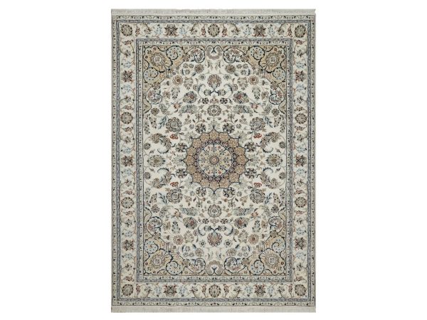 6'2"x9' Pearl White, Hand Knotted, Nain with Flower Medallion Design, Wool and Silk, 250 KPSI, Soft Pile, Oriental Rug HR92750