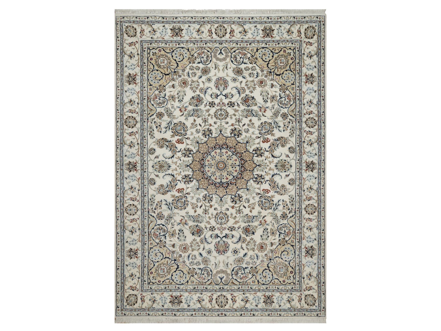 6'2"x9' Pearl White, Hand Knotted, Nain with Flower Medallion Design, Wool and Silk, 250 KPSI, Soft Pile, Oriental Rug HR92750
