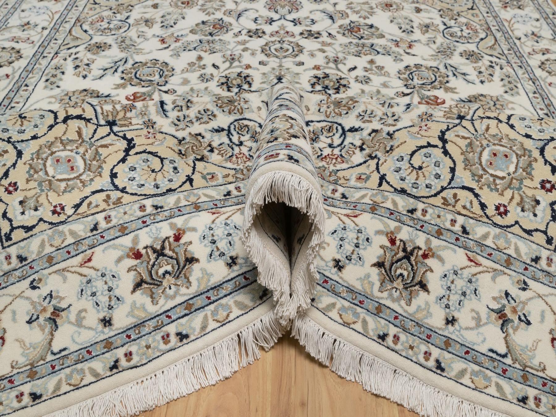 6'2"x9' Pearl White, Hand Knotted, Nain with Flower Medallion Design, Wool and Silk, 250 KPSI, Soft Pile, Oriental Rug HR92750 - Image 5