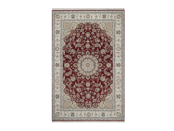 5'10"x9' Rhubarb Red, Nain with Flower Medallion Design, Hand Knotted, 250 KPSI, Wool and Silk, Soft Pile, Oriental Rug HR92751