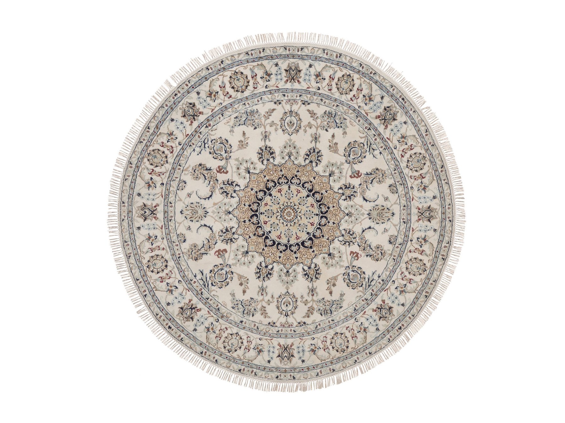 6'x6' Pearl White, Nain with Flower Medallion Design, Wool and Silk, 250 KPSI, Soft Pile, Hand Knotted, Round, Oriental Rug HR92756