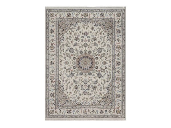 8'9"x12'1" Pearl White, Hand Knotted, Nain with Flower Medallion Design, Wool and Silk, 250 KPSI, Soft Pile, Oriental Rug HR92758