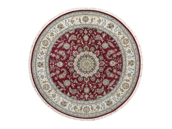 8'x8' Rhubarb Red, 250 KPSI, Nain with Flower Medallion Design, Hand Knotted, Wool and Silk, Soft Pile, Round, Oriental Rug HR92759